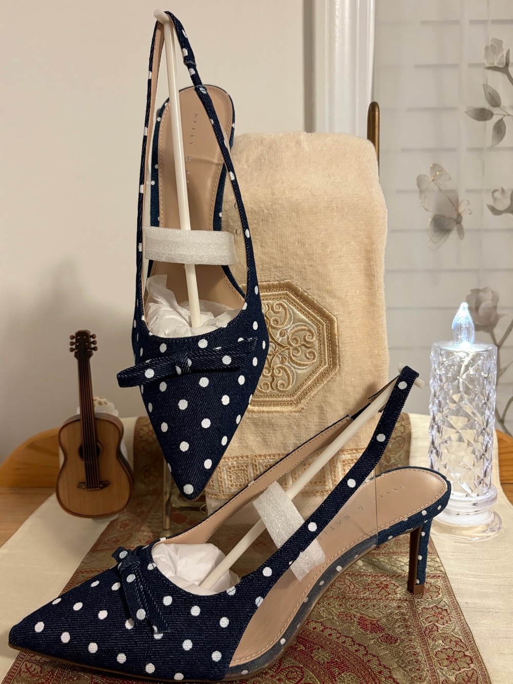 Kelly & Katie Navy and White Polka Dot with Bow Pointed Slingback Heels